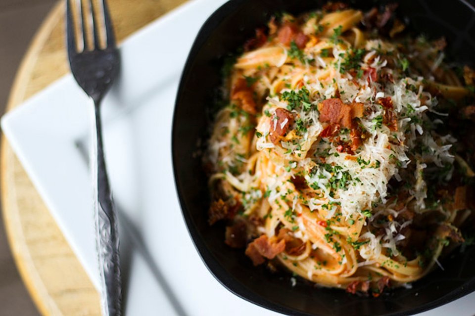 Паста лингвини с беконом и помидорами рецепт с