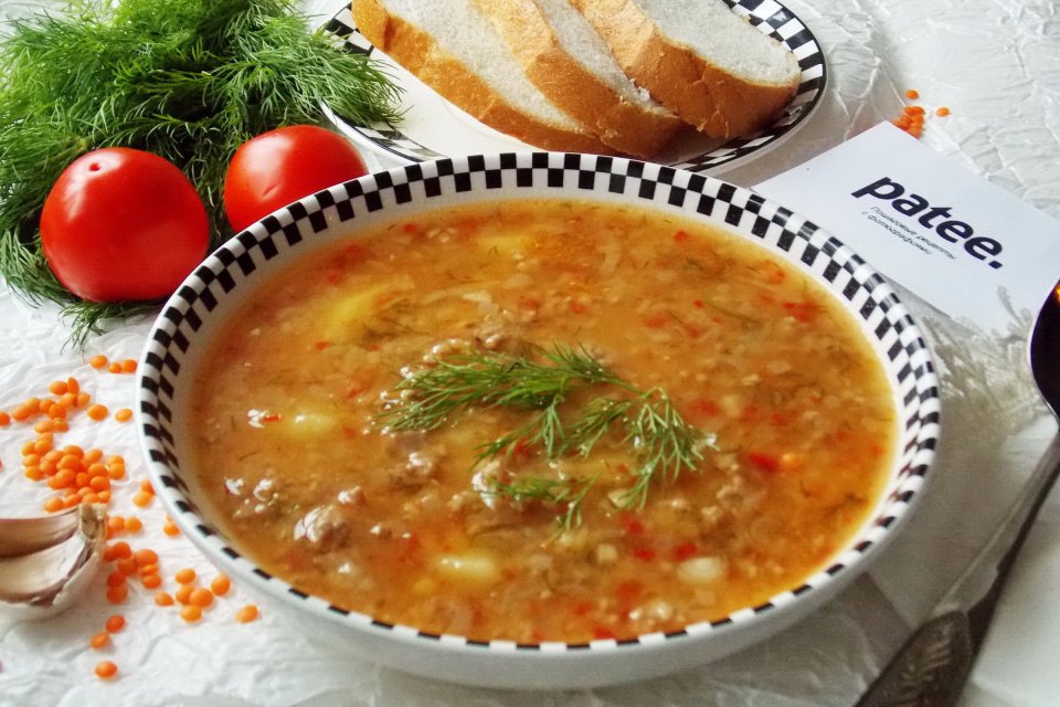 Суп с красной чечевицей и мясным фаршем