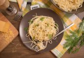 Спагетти с луком-пореем в сливочном соусе