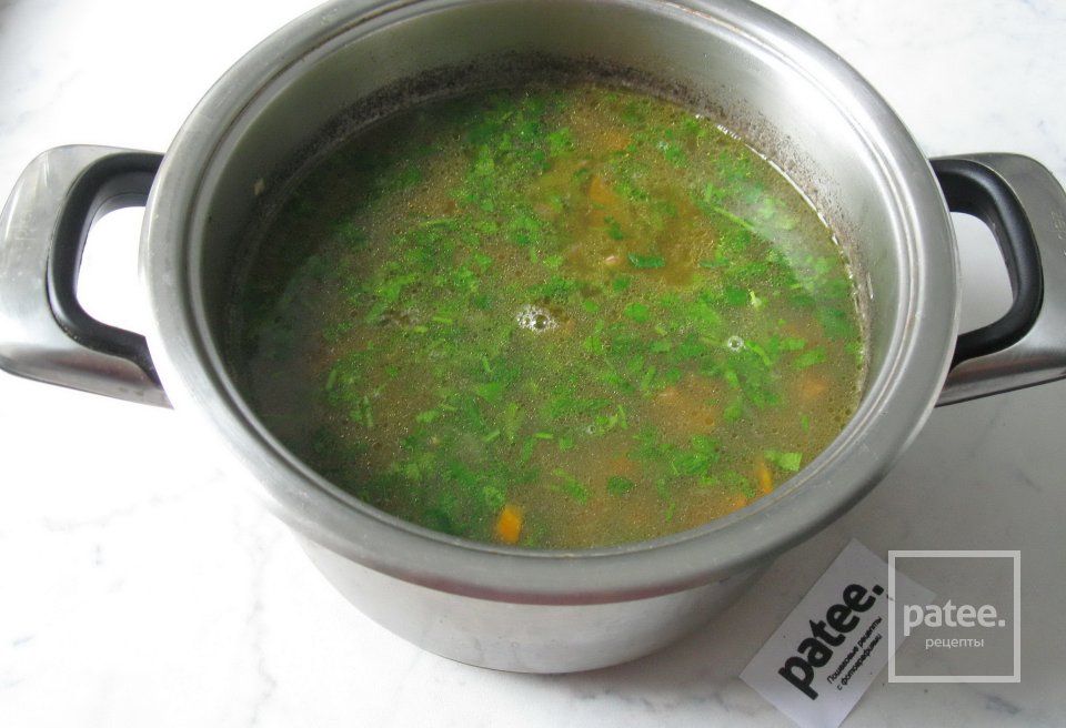 Суп с индейкой, зелёной  чечевицей и лисичками - Шаг 15
