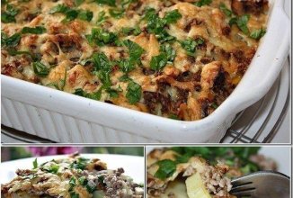 Картофельная запеканка с фаршем и грибами