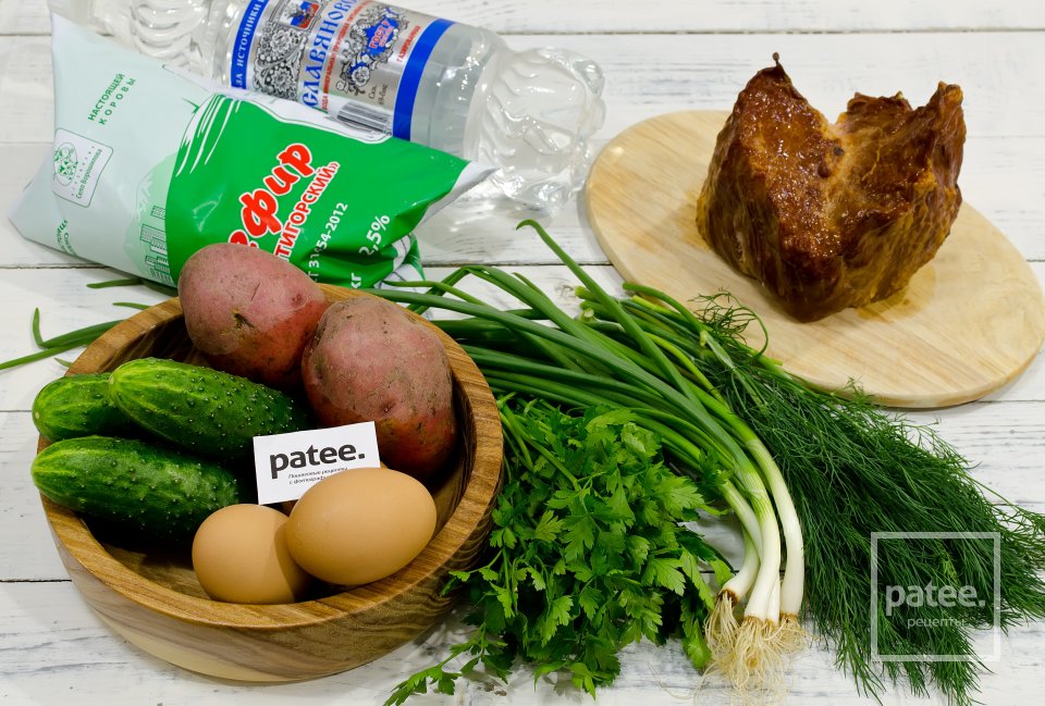 Окрошка с копченым мясом на кефире - Шаг 1