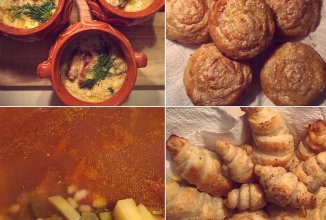 Горшочки, рассольник, булочки с карамелью, круасаны