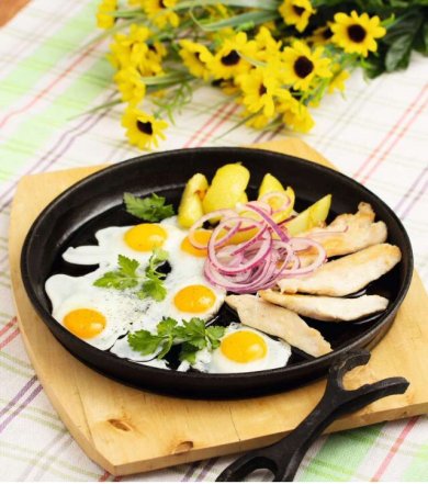 Глазунья из перепелиных яиц с куриным филе и картофелем