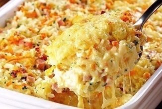 Запеканка из риса, ветчины и сыра