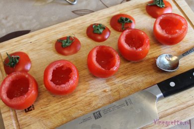 Tomaat met grijze garnaal/ Помидоры, фаршированные креветками - приготовление