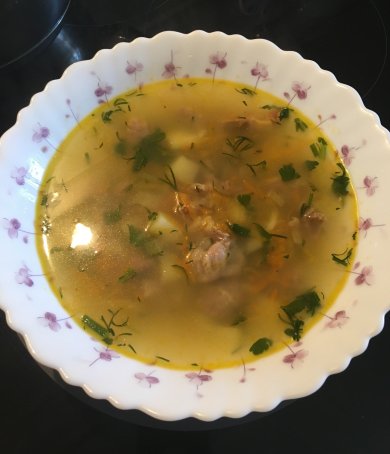 Рассольник с куриными желудками и рисом