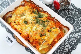 Треска запеченная с картошкой в сметанно-майонезной заливке