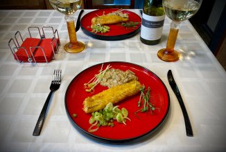 Судак в темпуре с белыми грибами и фенхелем