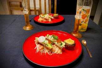 Севиче-Умами из Королевского Краба с грибами еноки и шиитаке