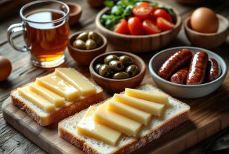 Бутерброд со сливочным маслом, мёдом / голландским сыром и сладким чаем.