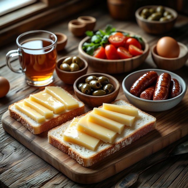 Бутерброд со сливочным маслом, мёдом / голландским сыром и сладким чаем.