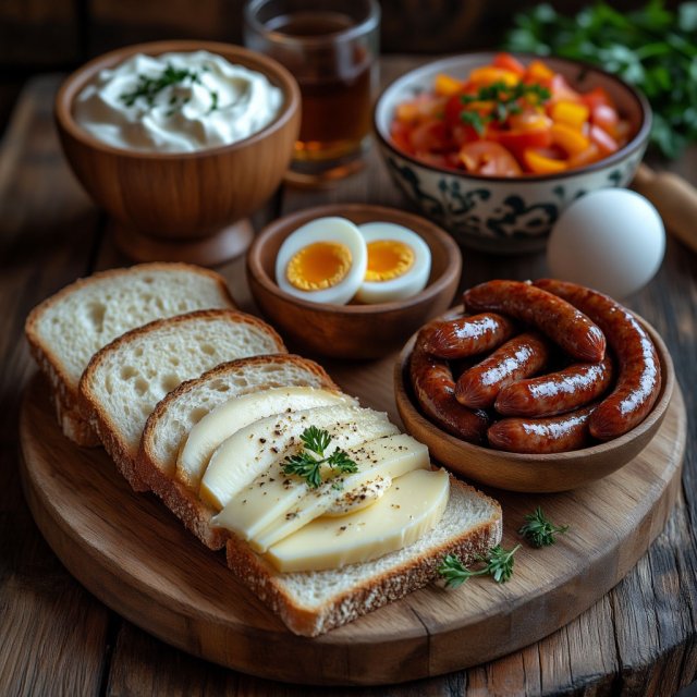 Бутерброд с домашней сметаной / адыгейским сыром и сладким чаем.
