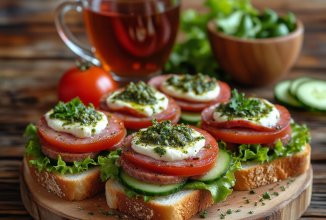Бутерброд с овощами, майонезом / разными соусами, колбасой / сосиской и сладким чаем.