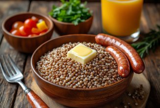 Сосиска с варёной гречкой / макароном.