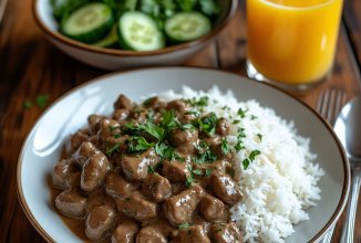 Бефстроганов говяжий с рисом на томатном соке.