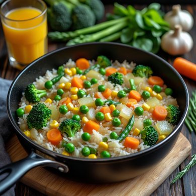 Варёный рис, тушенный с замороженными овощами.