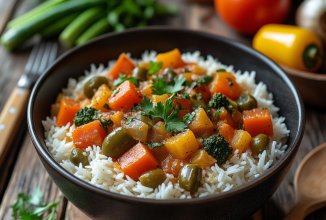 Варёный рис с овощным красным рагу / либо с любыми  другими тушенными овощами.