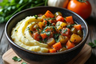 Картофельное пюре с овощным красным рагу / либо с любыми другими тушенными овощами.