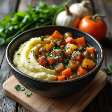Картофельное пюре с овощным красным рагу / либо с любыми другими тушенными овощами.