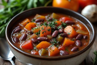 Варёная фасоль с овощным красным рагу / либо с любыми другими тушенными овощами.