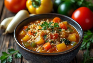 Варёная киноа с овощным красным рагу / либо с любыми другими тушенными овощами.