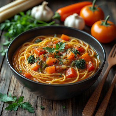 Варёное спагетти с овощным красным рагу / либо с любыми другими тушенными овощами. - Шаг 1