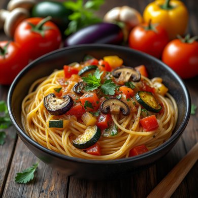 Варёное спагетти с овощным красным рагу / либо с любыми другими тушенными овощами. - Шаг 2