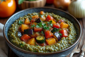 Варёная чечевица с овощным красным рагу / либо с любыми другими тушенными овощами.