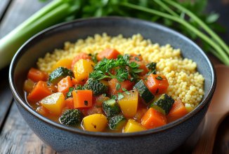 Варёное пшено с овощным красным рагу / либо с любыми другими тушенными овощами.