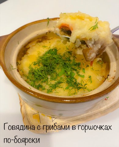 Говядина с грибами в горшочках по-боярски